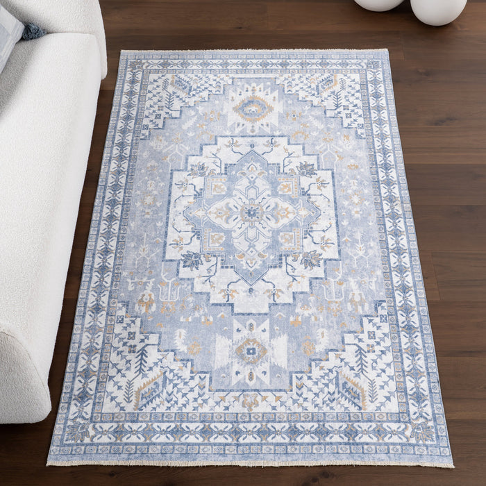 Tappeto lavabile a medaglione vintage azzurro 160x230 cm