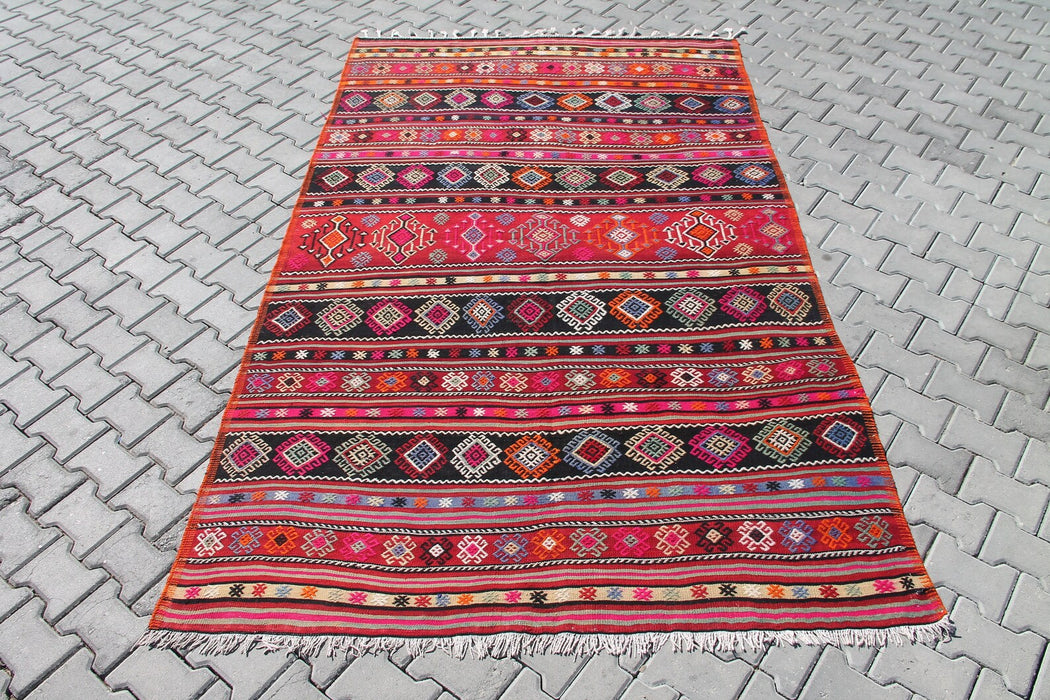 Vintage roze gestreept kelimkleed 279 x 171 cm