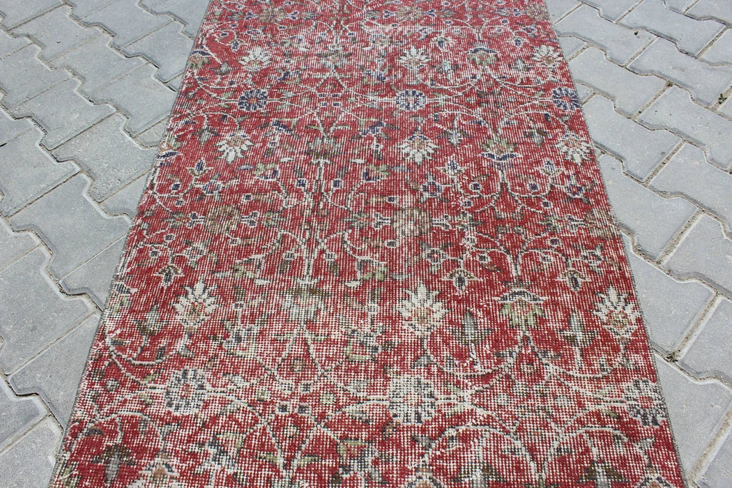 Vintage turkkilainen kukkajuoksumatto 320cm x 82cm käsinsolmittu