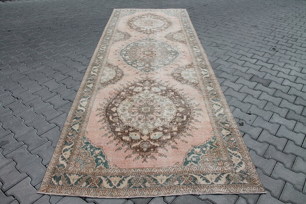 Vintage turkkilainen käsinsolmittu juoksumatto 414cm x 140cm