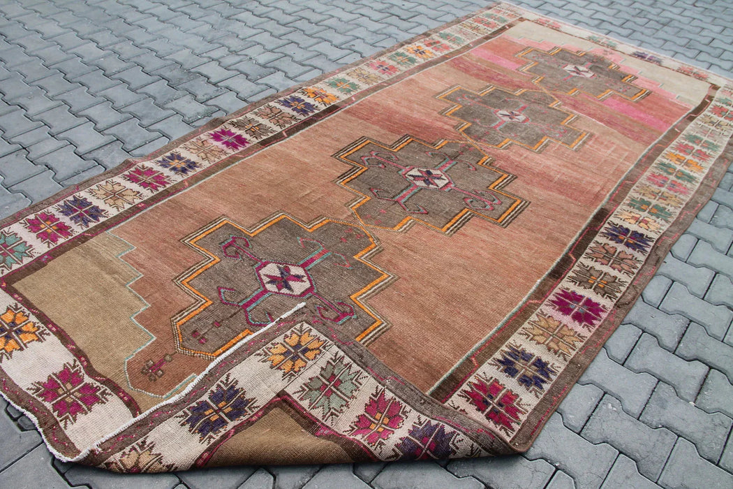 Vintage Turkse Kars handgeknoopt wollen vloerkleed 343 x 170 cm