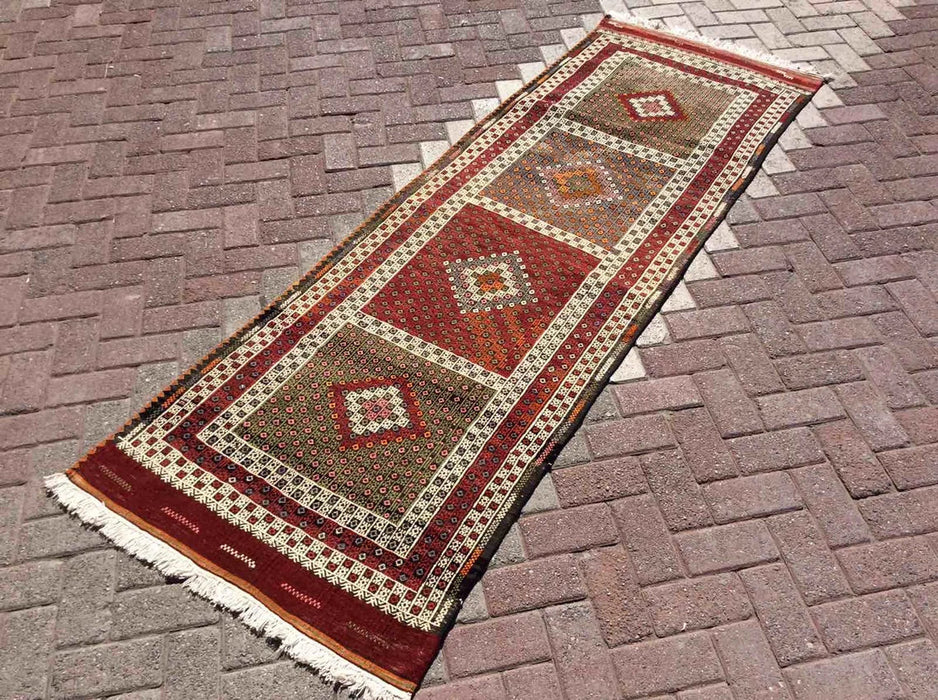 Vintage turkkilainen Kilim käytävälenkki 250cm x 84cm