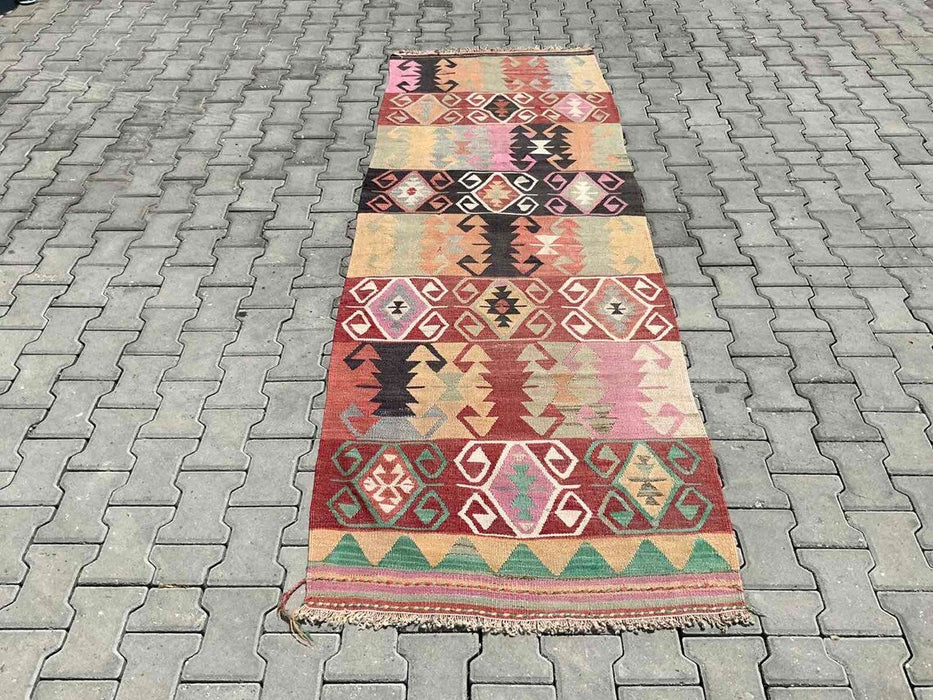 Vintage turkkilainen Kilim käytävälenkki 274cm x 97cm