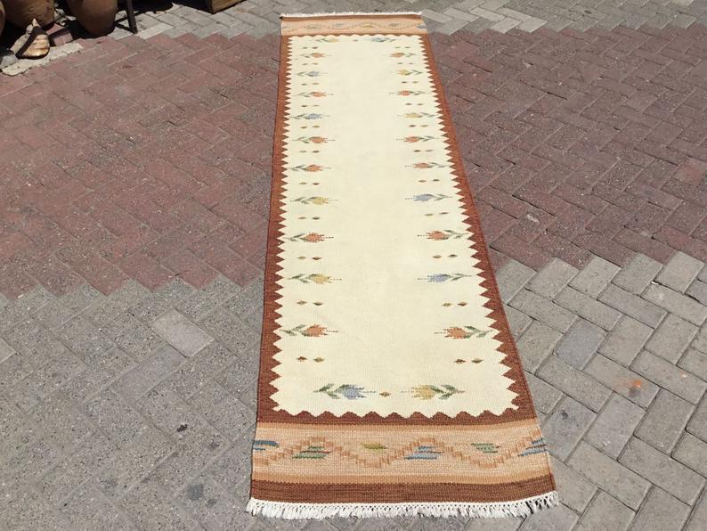 Vintage turkkilainen Kilim käytävälenkki 288cm x 78cm