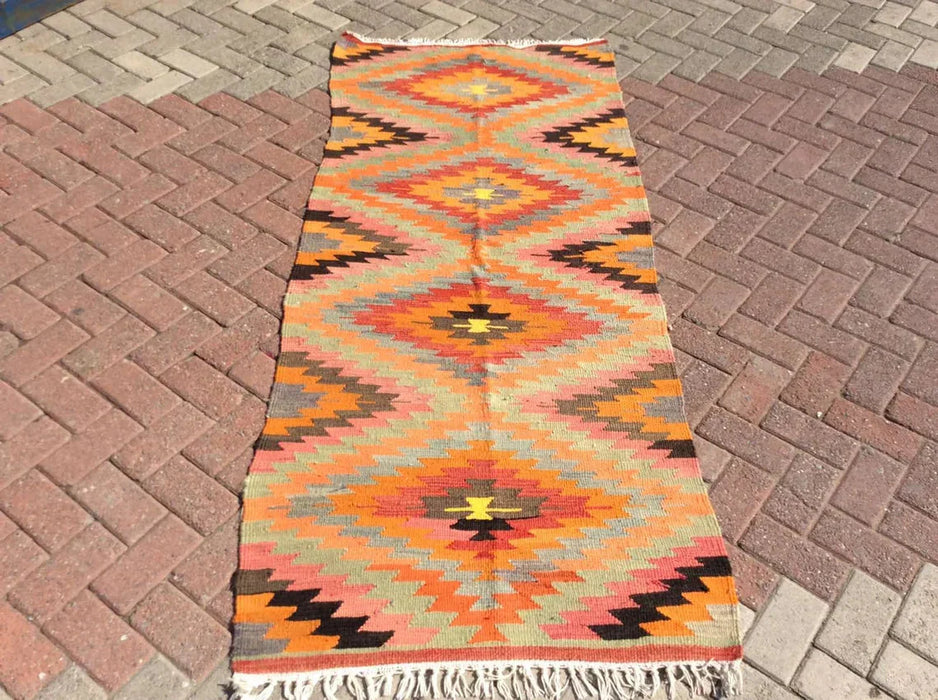 Vintage turkkilainen Kilim käytävän juoksumatto 215 cm x 91 cm