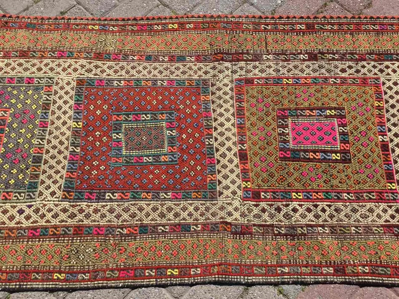 Vintage Turkse Kelim Gang Runner Tapijt 256cm x 84cm