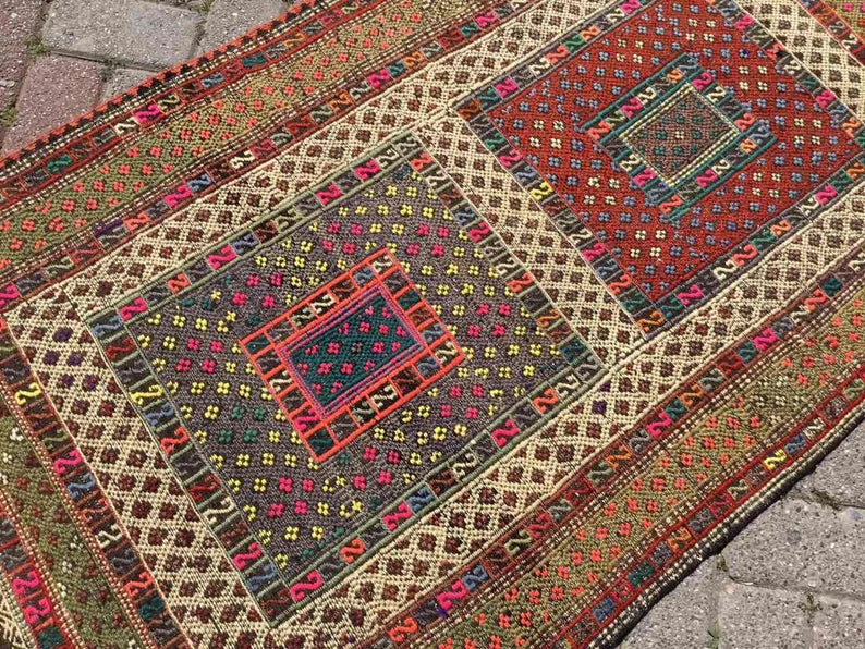 Vintage Turkse Kelim Gang Runner Tapijt 256cm x 84cm