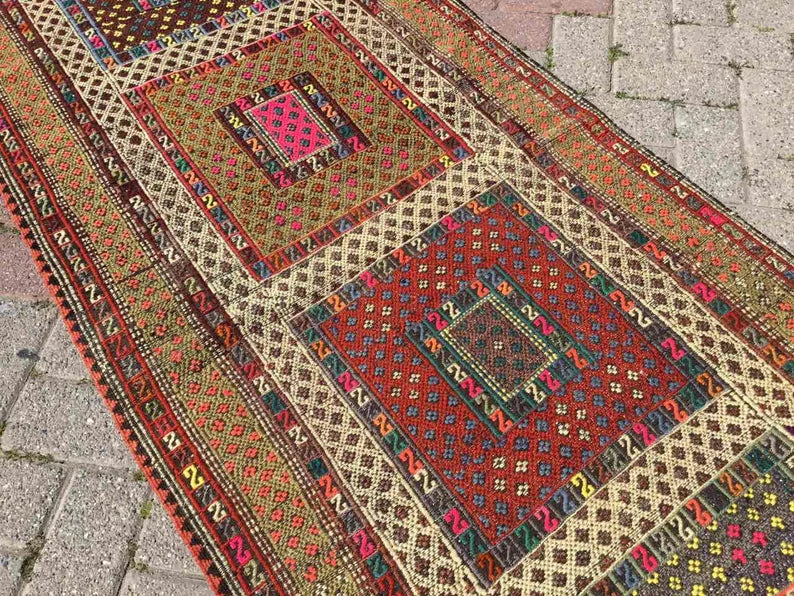 Vintage Turkse Kelim Gang Runner Tapijt 256cm x 84cm