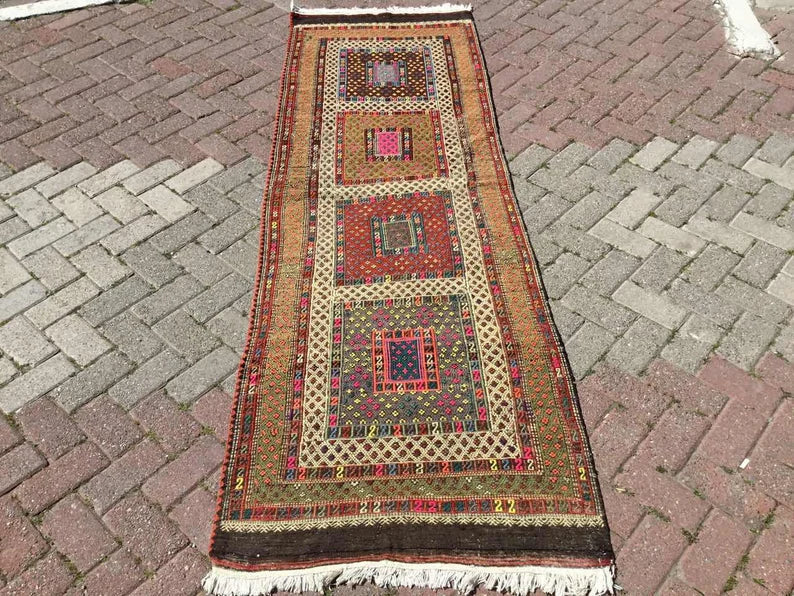 Vintage Turkse Kelim Gang Runner Tapijt 256cm x 84cm