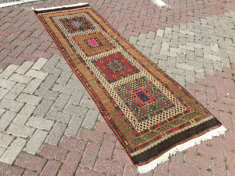 Vintage Turkse Kelim Gang Runner Tapijt 256cm x 84cm