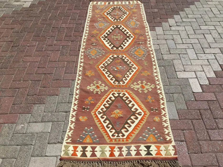 Vintage turkkilainen Kilim käytävän juoksumatto 267cm x 88cm