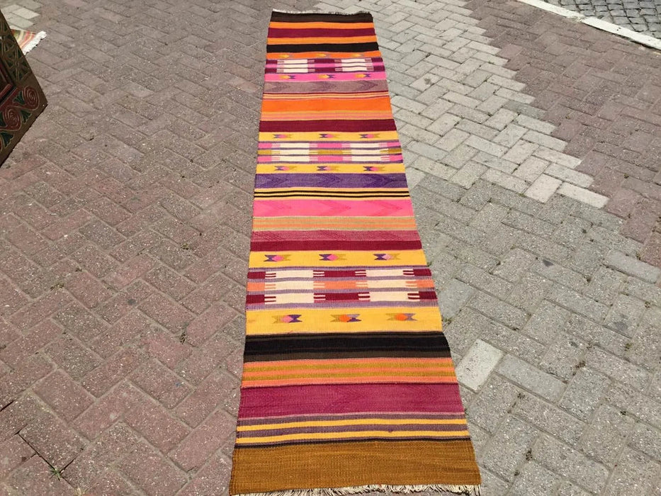 Vintage turkkilainen Kilim käytävän juoksumatto 325cm x 67cm