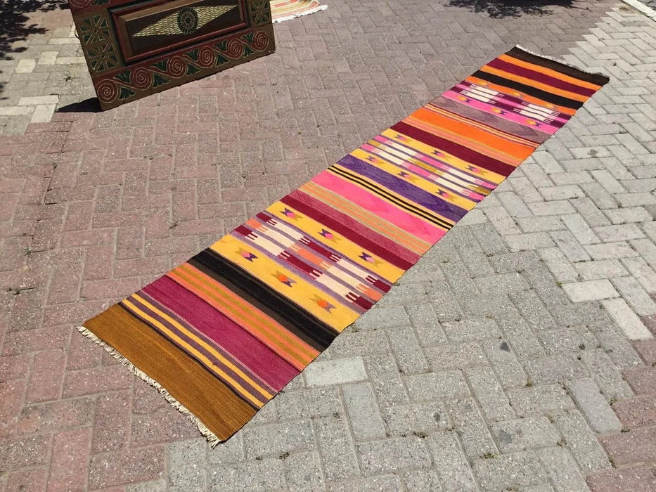 Vintage turkkilainen Kilim käytävän juoksumatto 325cm x 67cm