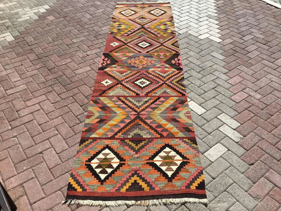 Vintage turkkilainen Kilim käytävän juoksumatto 365cm x 98cm