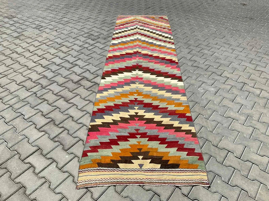 Vintage turkkilainen Kilim käytävän juoksumatto 378cm x 102cm