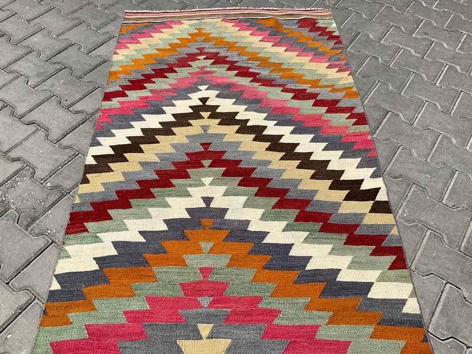 Vintage turkkilainen Kilim käytävän juoksumatto 378cm x 102cm