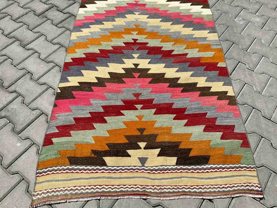 Vintage turkkilainen Kilim käytävän juoksumatto 378cm x 102cm