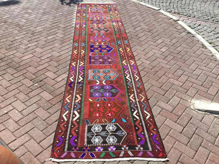 Vintage turkkilainen Kilim käytävän juoksumatto 442cm x 102cm