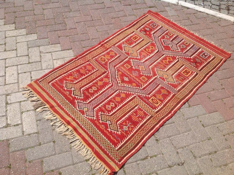 Vintage turkkilainen Kilim matto 101cm x 165cm käsinkudottua villaa