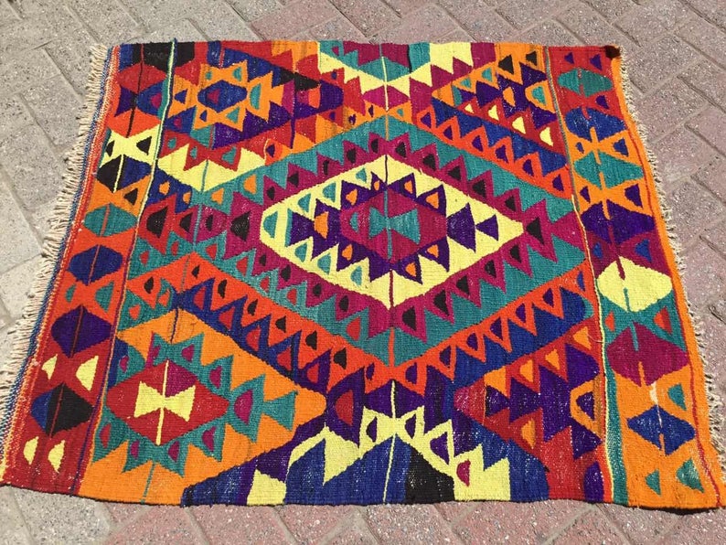 Vintage Turkish Kilim Rug 116cm x 100cm 45 Years Old