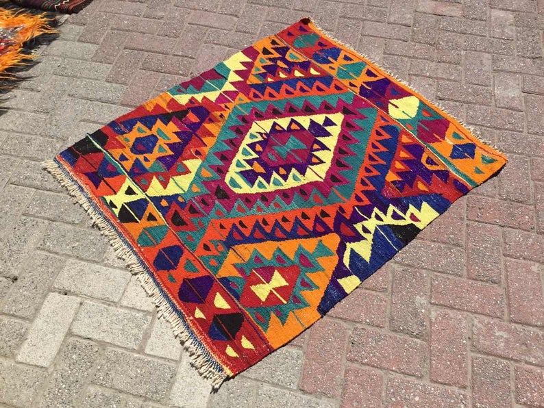 Vintage Turkish Kilim Rug 116cm x 100cm 45 Years Old