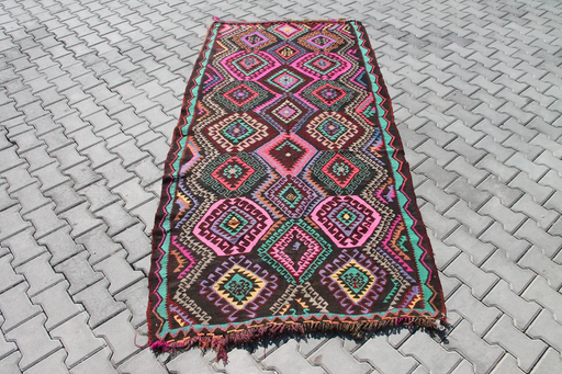 Vintage turkkilainen Kilim-matto 127cm x 269cm Käsinkudottu 634