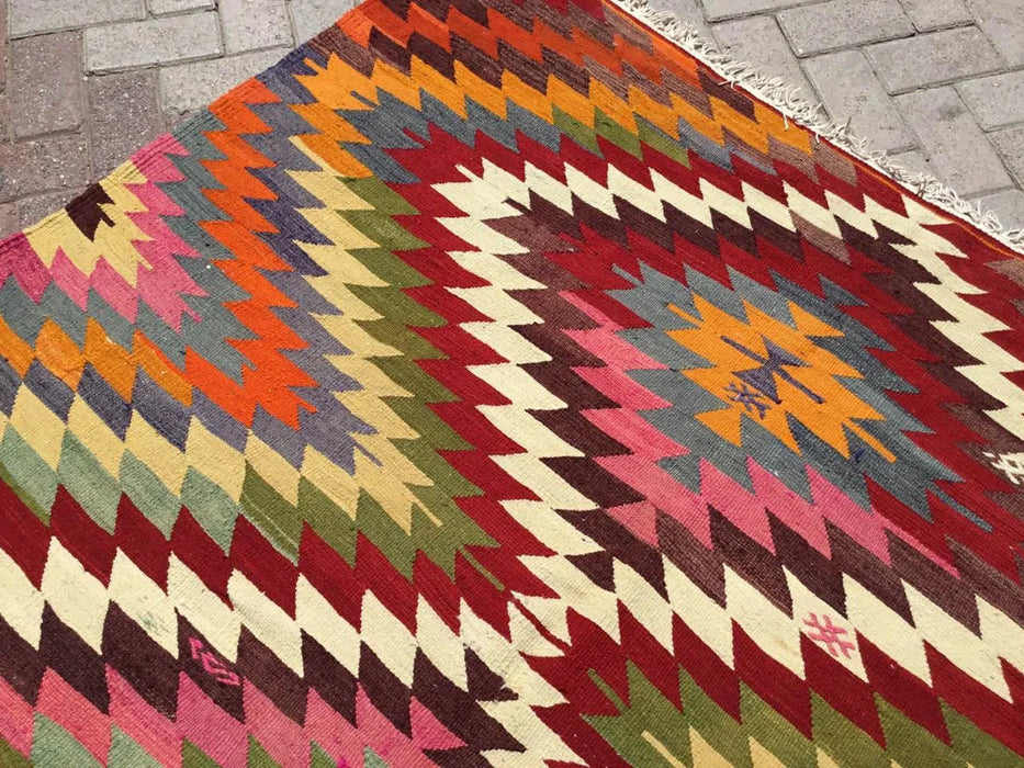 Vintage Turkse Kelim-tapijt 243 cm x 173 cm handgemaakte wol