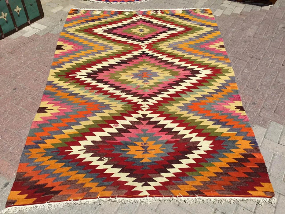 Vintage Turkse Kelim-tapijt 243 cm x 173 cm handgemaakte wol