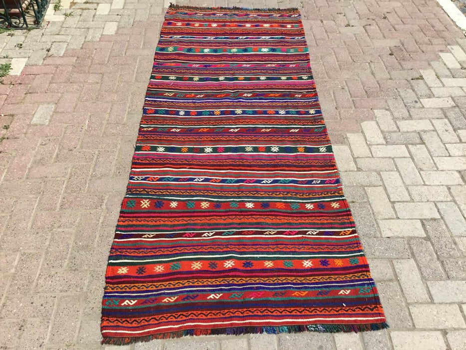 Vintage turkkilainen Kilim matto 256cm x 122cm villapuuvilla