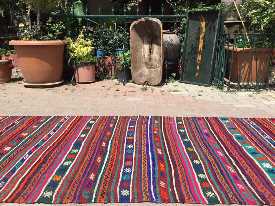 Vintage turkkilainen Kilim matto 256cm x 122cm villapuuvilla