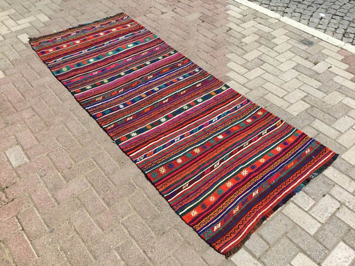 Vintage turkkilainen Kilim matto 256cm x 122cm villapuuvilla