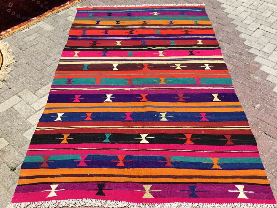 Vintage turkkilainen Kilim matto 258cm x 164cm käsinkudottua villapuuvillaa