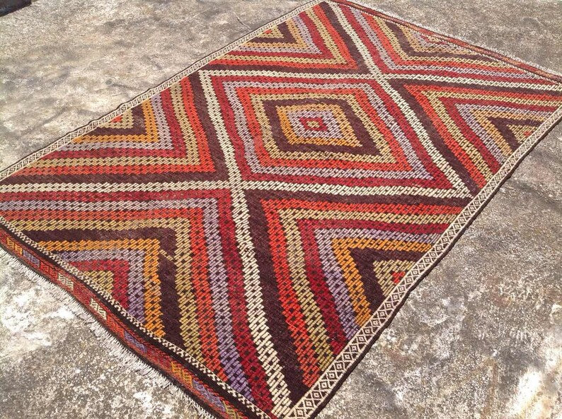 Vintage turkkilainen Kilim -matto 274cm x 183cm käsinkudottua villaa