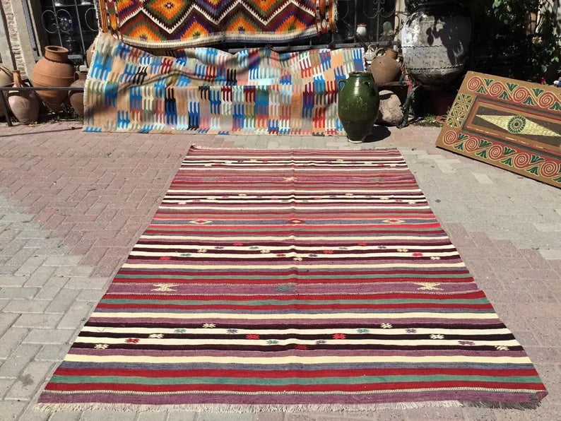 Tappeto Kilim turco vintage 275 cm x 176 cm in lana e cotone