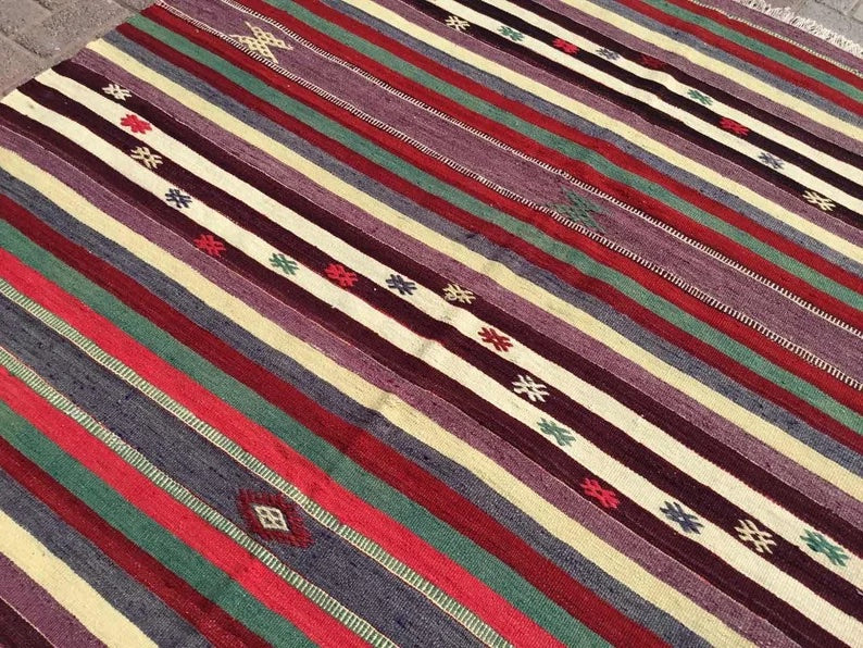 Tappeto Kilim turco vintage 275 cm x 176 cm in lana e cotone