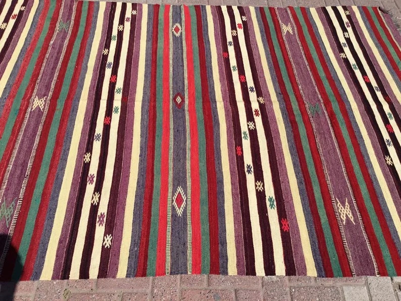 Tappeto Kilim turco vintage 275 cm x 176 cm in lana e cotone