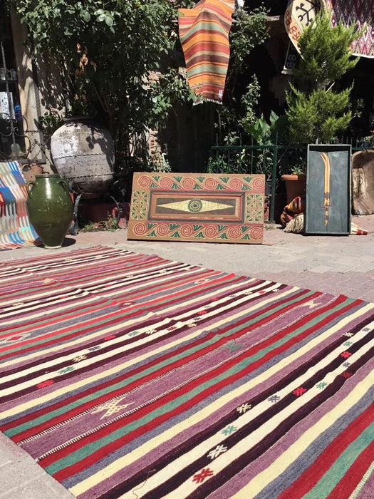 Tappeto Kilim turco vintage 275 cm x 176 cm in lana e cotone