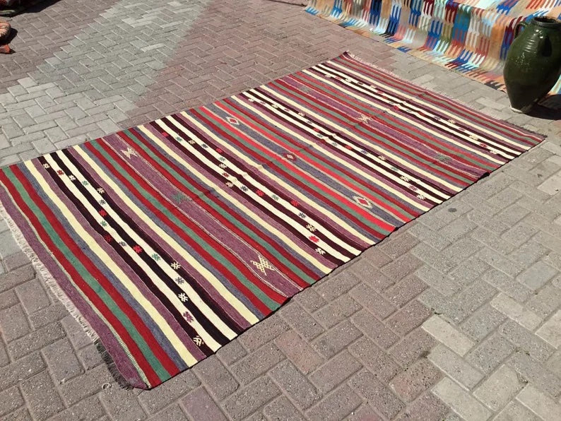 Tappeto Kilim turco vintage 275 cm x 176 cm in lana e cotone