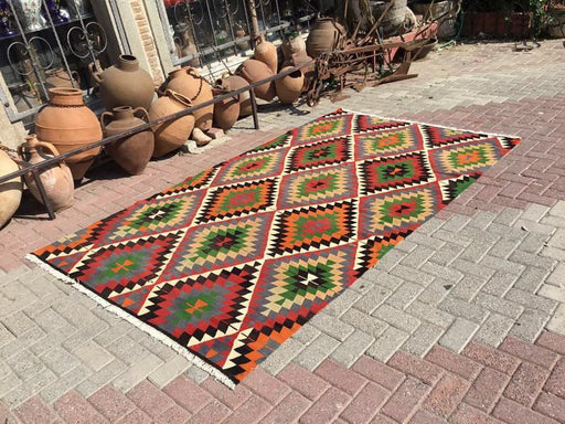 Vintage Turkse Kilim -vloerkleed 284cm x 172cm Hand gesponnen wol