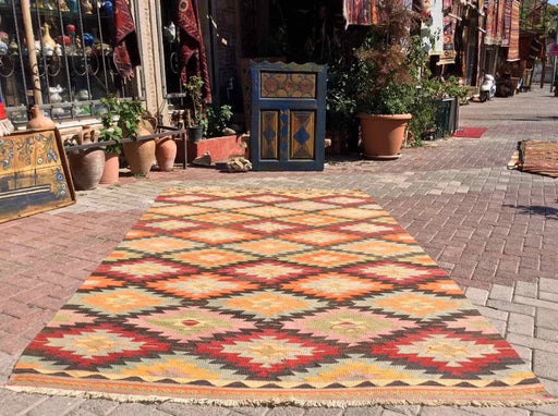 Vintage tyrkisk Kilim teppe 294cm x 174cm hånd spunnet ull