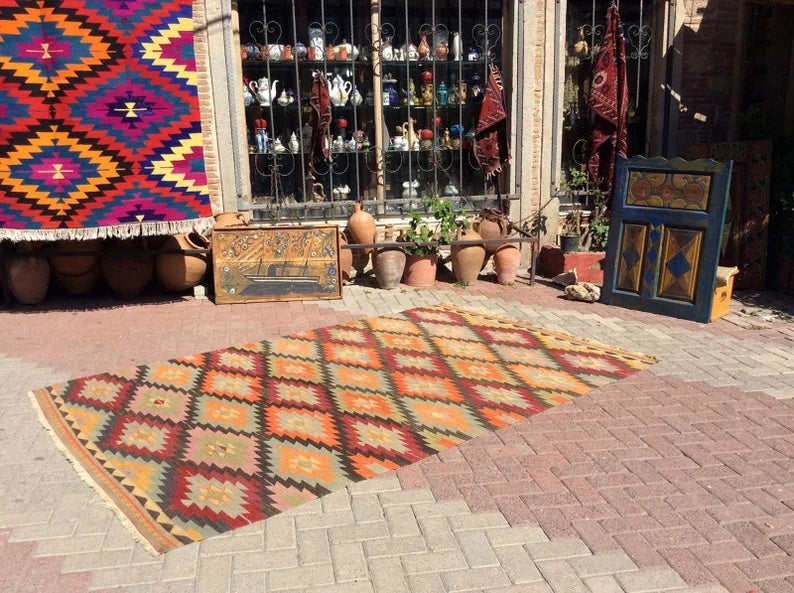 Vintage Turkish Kilim -matto 294cm x 174cm käsin kehrätty villa