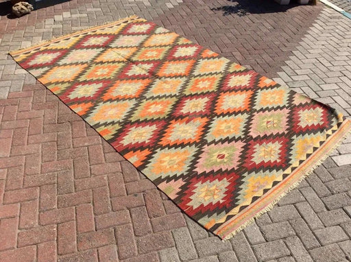 Vintage tyrkisk Kilim teppe 294cm x 174cm hånd spunnet ull