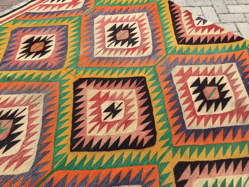 Vintage turkkilainen Kilim matto 294cm x 197cm käsin kehrätty villa