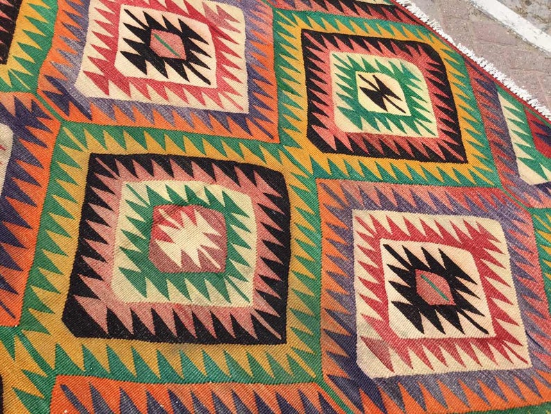 Vintage turkkilainen Kilim matto 294cm x 197cm käsin kehrätty villa