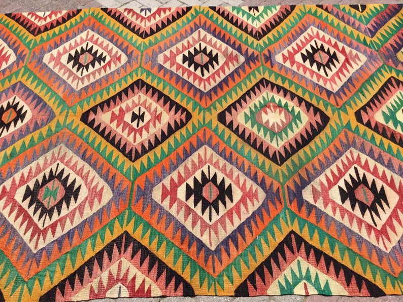 Vintage turkkilainen Kilim matto 294cm x 197cm käsin kehrätty villa