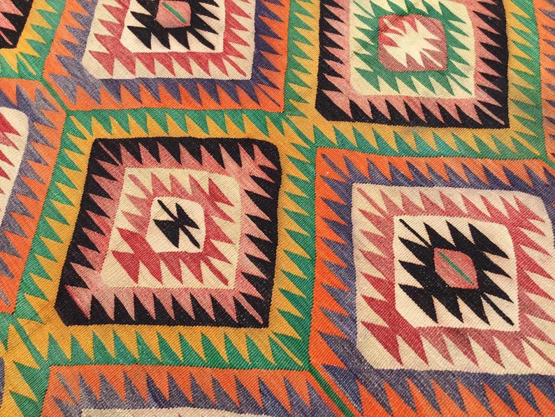 Vintage turkkilainen Kilim matto 294cm x 197cm käsin kehrätty villa