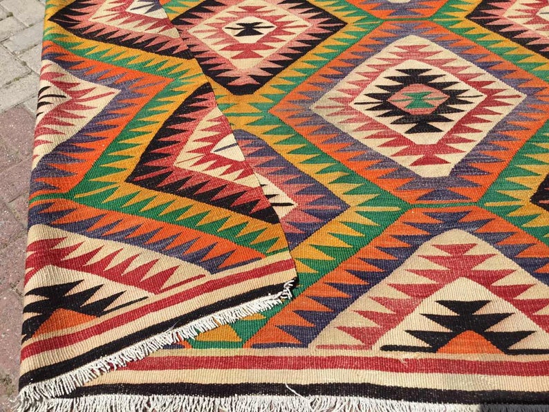 Vintage turkkilainen Kilim matto 294cm x 197cm käsin kehrätty villa