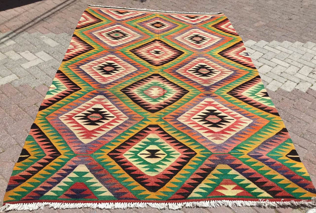 Vintage turkkilainen Kilim matto 294cm x 197cm käsin kehrätty villa