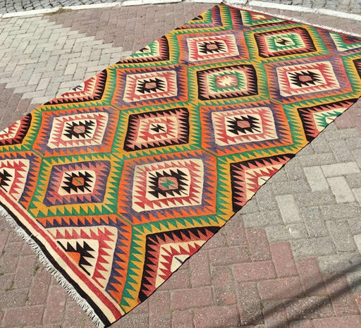 Vintage Turkse Kelim Rug 294cm x 197cm Handgesponnen wol