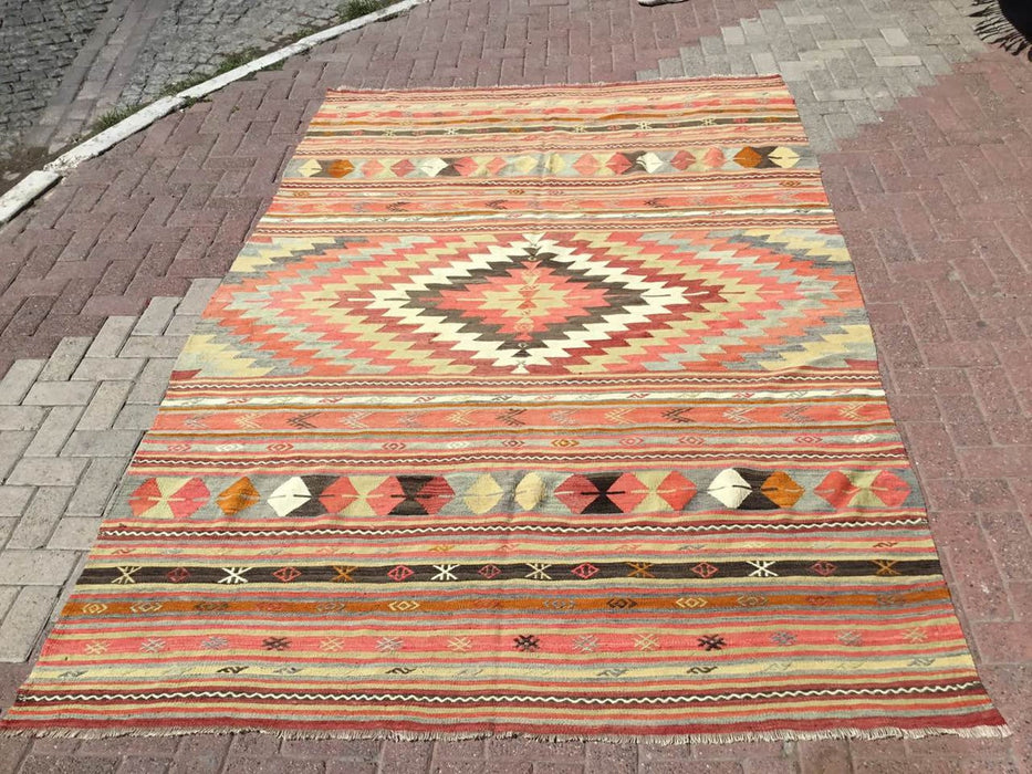 Vintage turkkilainen Kilim matto 295cm x 201cm käsin kehrätty villa